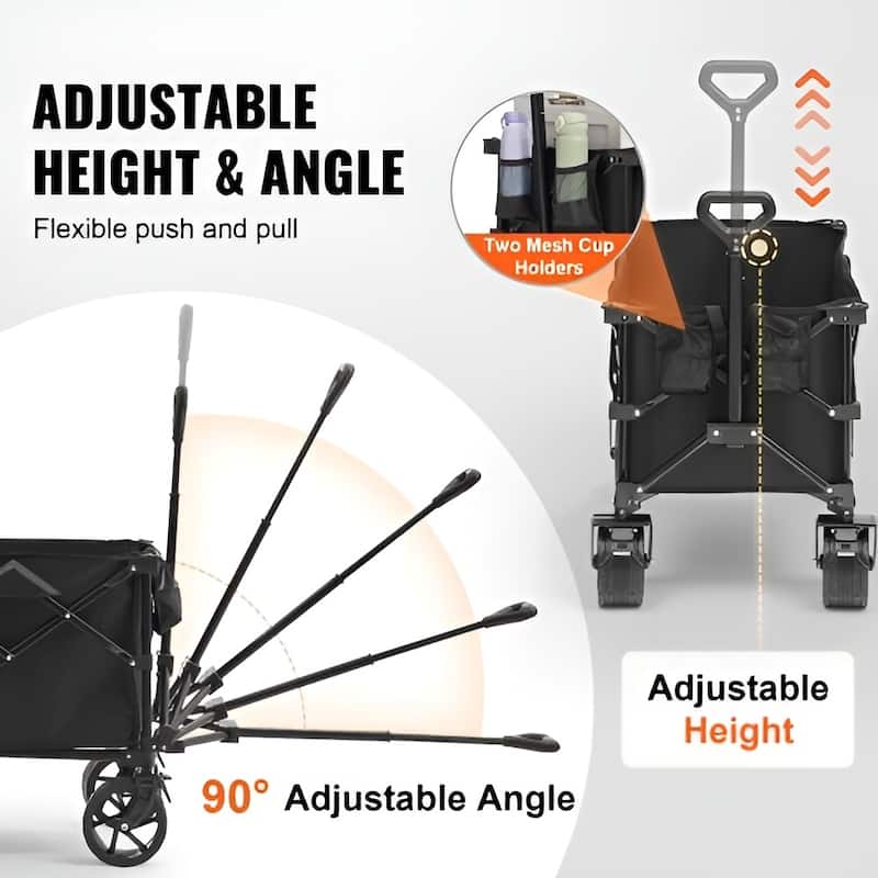 Black Oxford Iron Wagon 265lbs Foldable Cart with 150L Storage - 35.04 x 21.26 x 42.52 inch