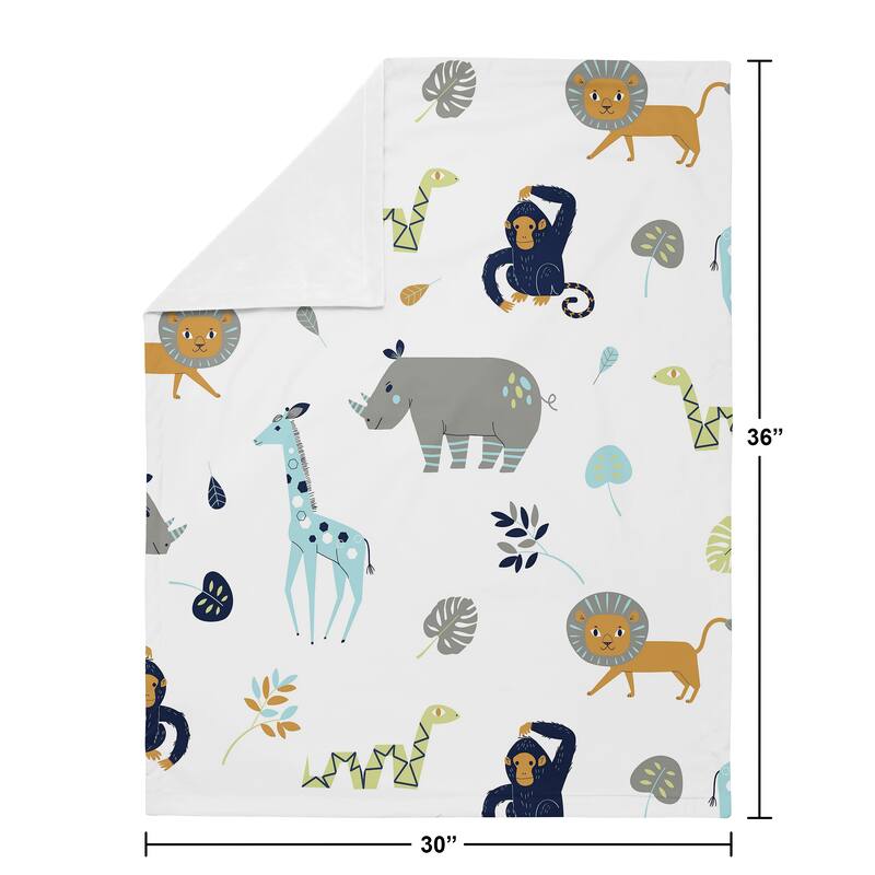 Safari Animals Collection Boy Baby Receiving Security Swaddle Blanket - Turquoise and Navy Blue Mod Jungle Lion Monkey Giraffe