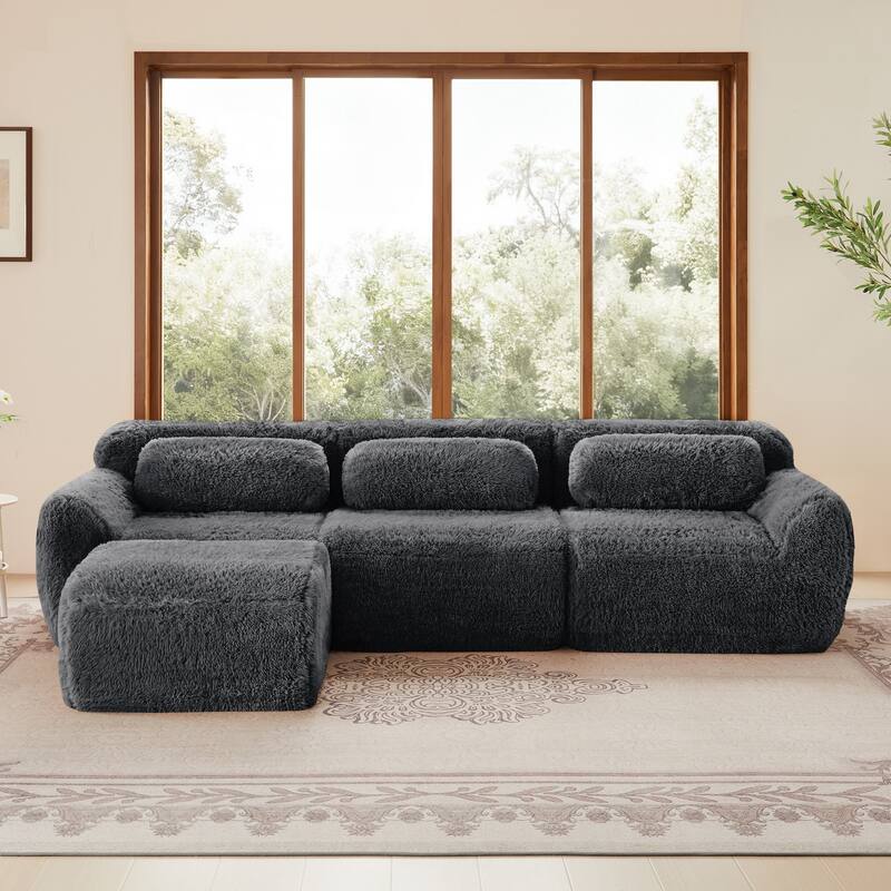 L-shaped Soft And Fluffy Plush Fabric,Boneless Sofa, With Throw Pillows 32D High Density Sponge, No Assembly Required Bottom