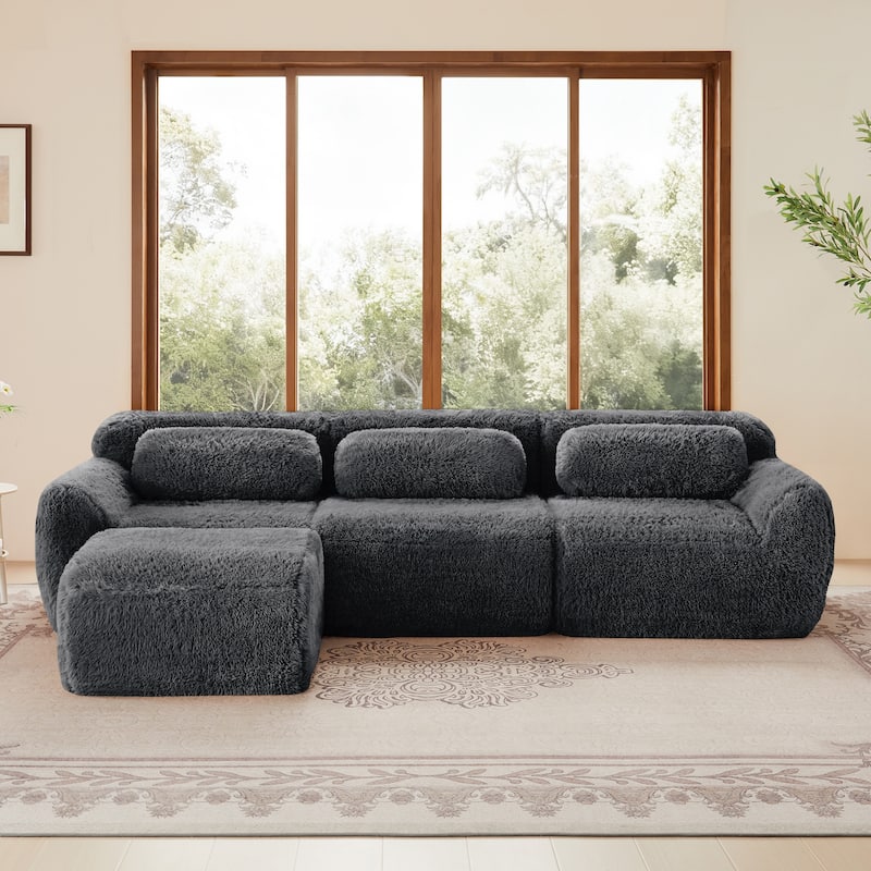 L-shaped Soft and Fluffy Plush Fabric,Boneless Sofa,Anti-Slip Design Buckle Connection,Movable Ottoman