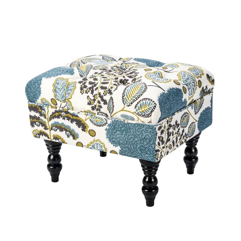 Adeco Ottoman Stool Tufted Foot Rest Fabric Floral Vanity Stool