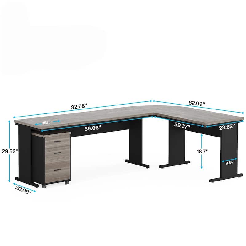 83" L-Shaped Executive Desk, Large Industrial Corner Computer Table Gray & Black