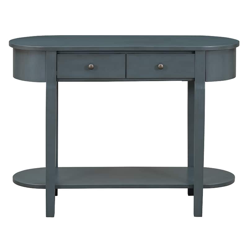40" Solid Wood Console Table with Real Wood Veneer, 2 Drawers and Lower Shelf, MDF and Pine Frame