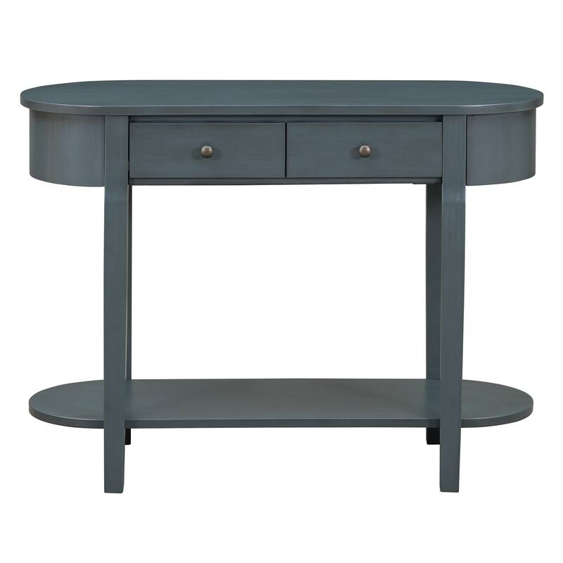 Curved Console Table with 2 Storage Drawers and Metal Handles, Wooden Hallway Tables Entryway Table wOpen Storage Shelf
