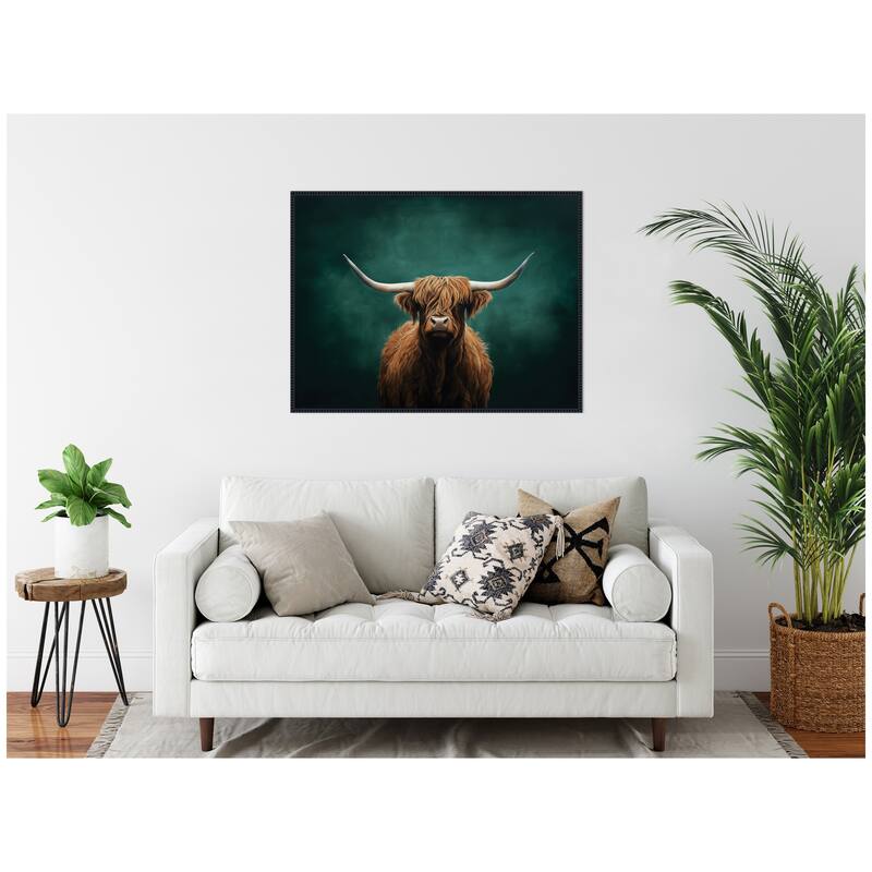 Kate and Laurel Highland Cow on Tonal Teal Green Abstract by The Creative Bunch Studio Framed Canvas Wall Art Print