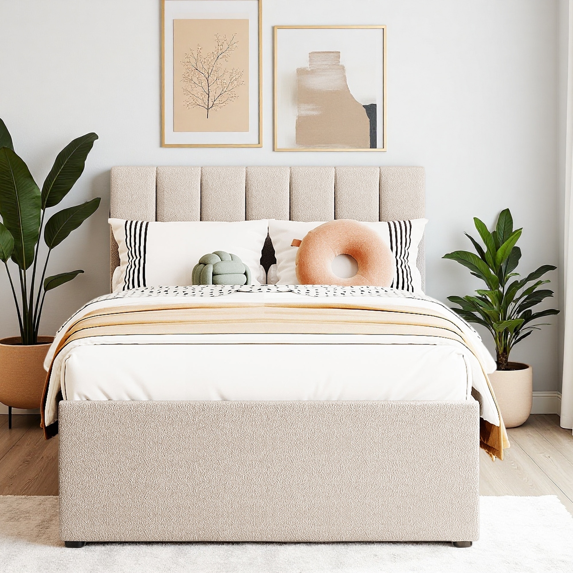Upholstered Platform Bed with Trundle and Stripe Headboard