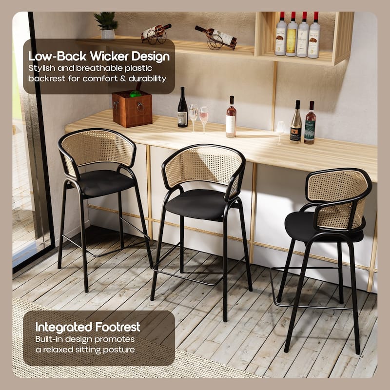 LeisureMod Ervilla Modern Wicker Leather Bar Stool with Curved Back & Stainless Steel Frame for Home & Kitchen
