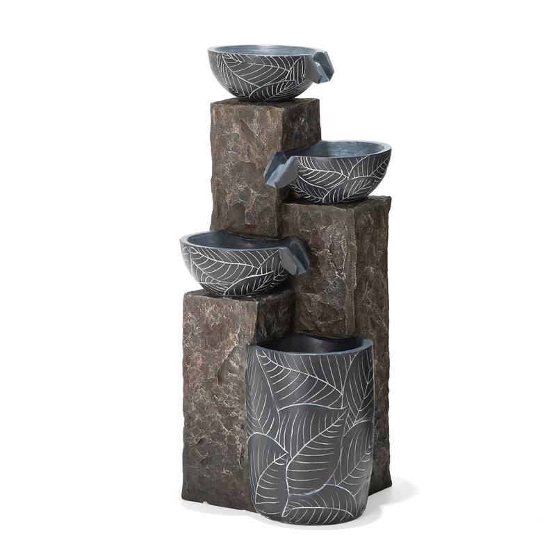 Glitzhome 32.75"H Oversized 4-Tier Leaf Textured Resin Outdoor LED Fountain
