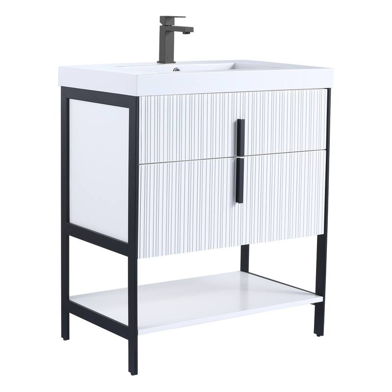 Fine Fixtures Serenity Modern Bathroom Vanity with White Gel Acrylic Top - White Matte - Black Hardware - 30 inch
