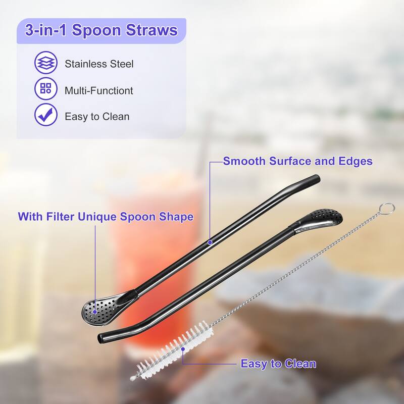 2Pcs 7.1" Stainless Steel Straws Spoons with Filter 2 Cleaning Brushes