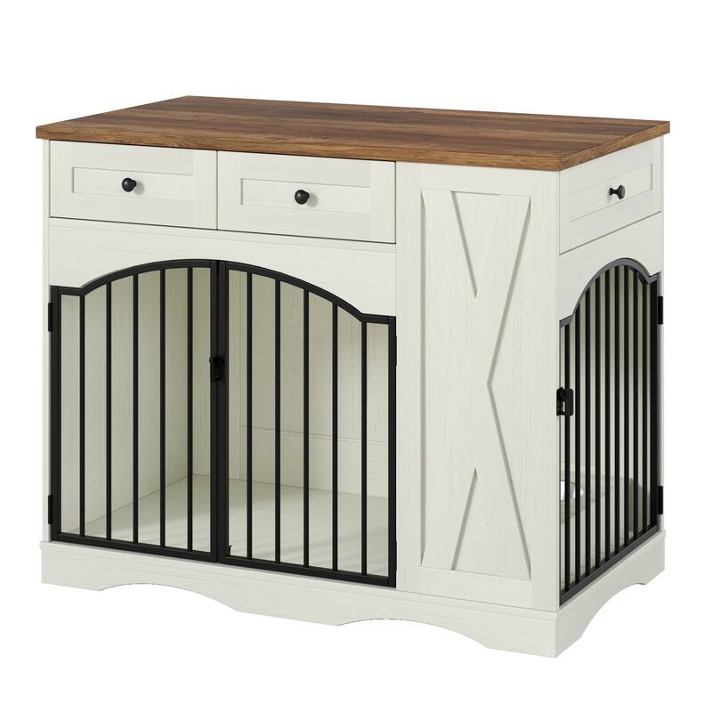 Dog Crate Furniture with 3 Drawers, Indoor Wooden Dog Kennel, Dog Cage End Table with Removable Feeder for Medium Dogs