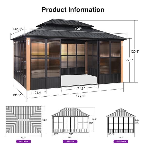 dimension image slide 7 of 9, PURPLE LEAF Double Top Outdoor Sunroom Screen House Patio Hardtop Gazebo