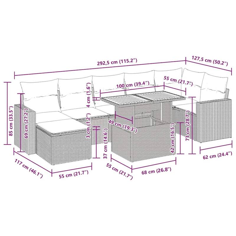 vidaXL Patio Sofa Set with Cushions Outdoor Lounge Set 8 Piece Poly Rattan - 21.7 x 39.4 x 28.7