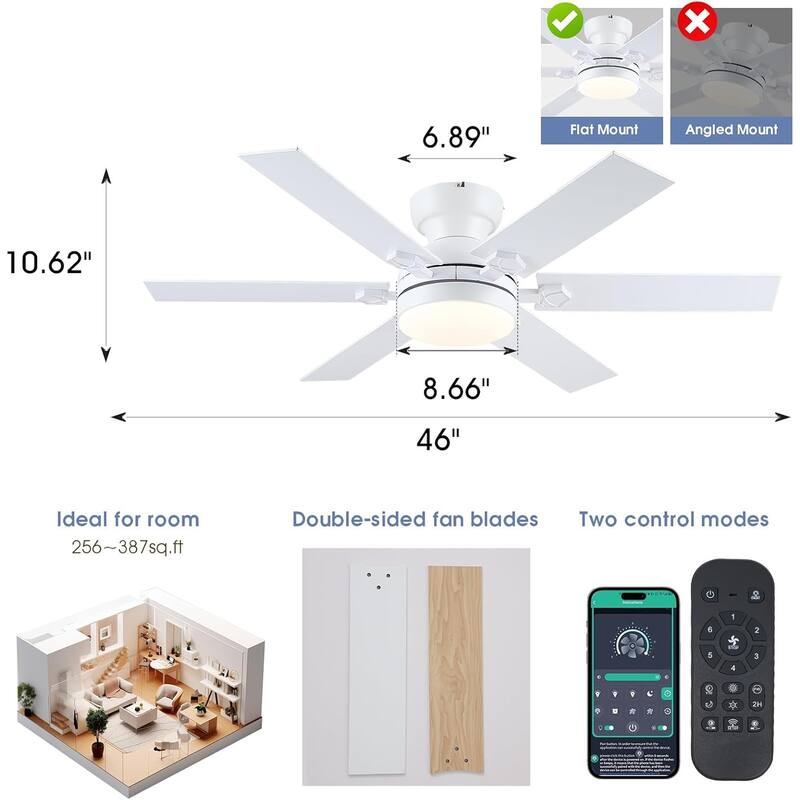 46/52 inch Flush Mount Ceiling Fan with Light,Remote and APP Control,6 Dual Side Blades,Reversible DC Motor