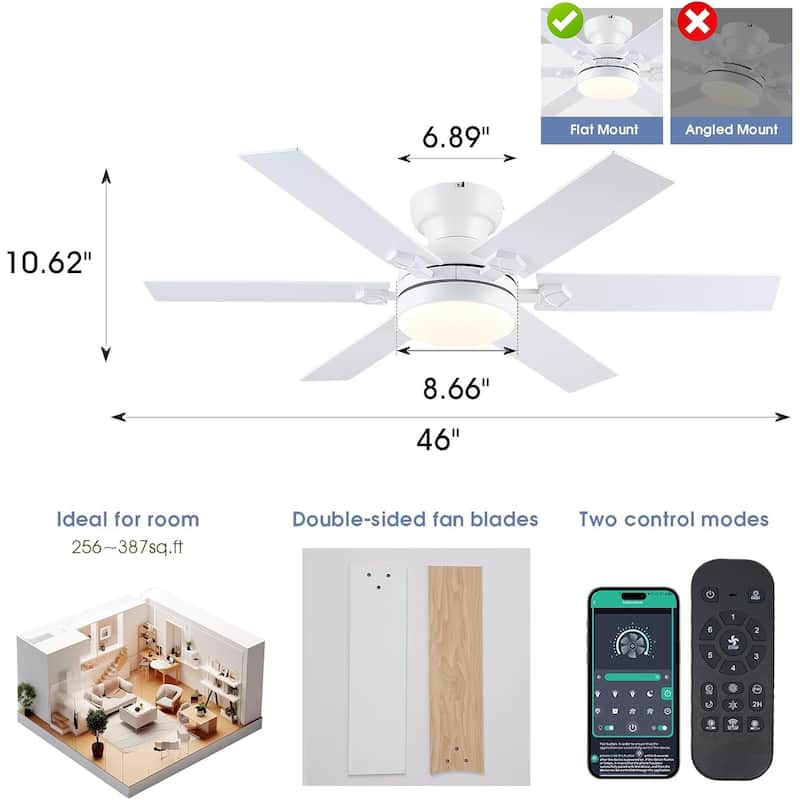 46 inches White Flush Mount Ceiling Fan with Light,6 Dual Side Blades, - 46 Inches