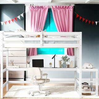 Full Loft Bed with Built-In Desk, Ladder Platform, Ladders, Guardrails