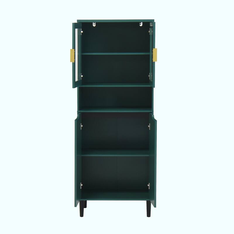 Tall Kitchen Pantry Cabinet with 2 Glass Display Doors & 2 Solid Doors