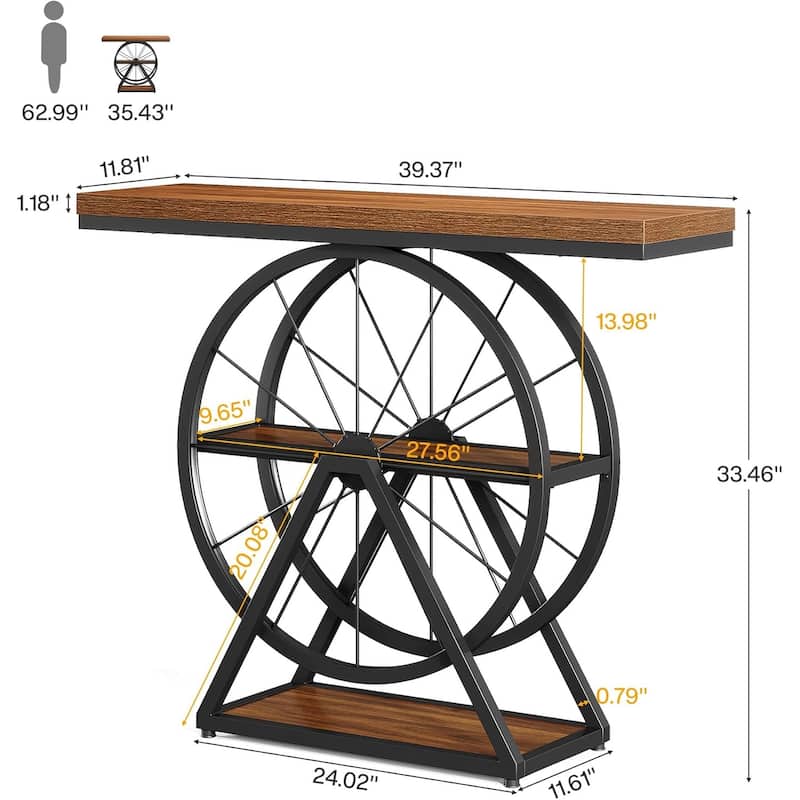 39.4" Industrial 3-Tier Console Table with Fixed Wheel Base for Living Room, Hallway, Foyer, Rustic Brown