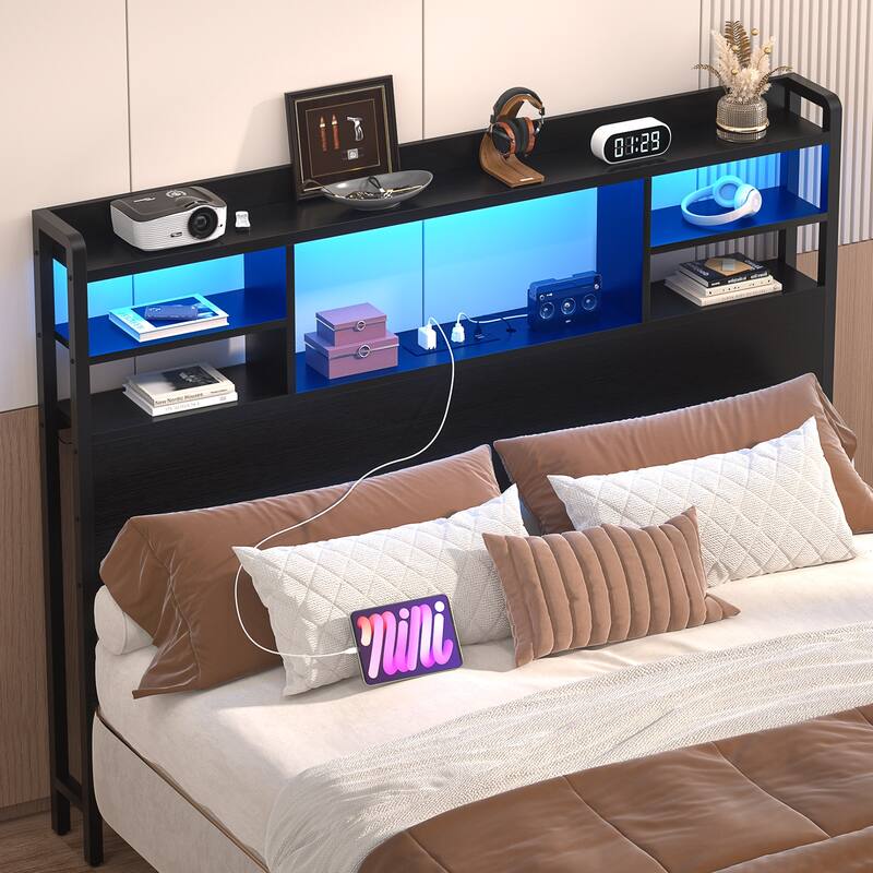 Storage Headboard with USB Port and Power Outlet, Head Board with LED Light for Bed Frame - Black - Twin