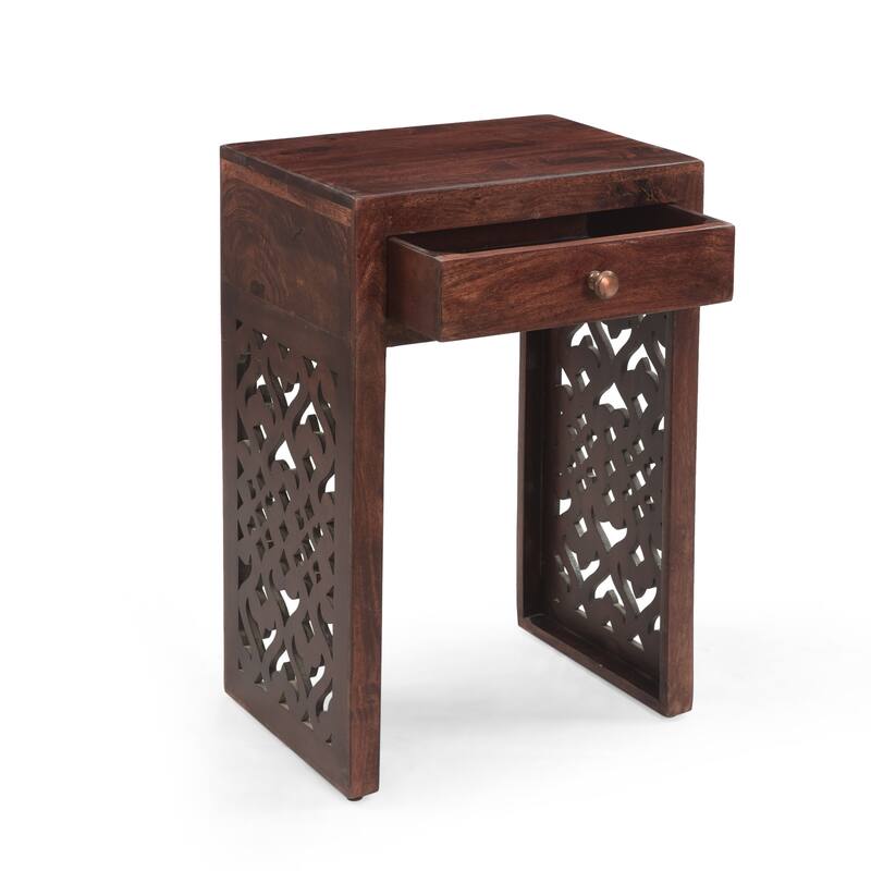 Roomfitters Dark Wood Nightstand with Lattice Cutout Legs and Single Drawer, Boho Bedroom End Table, Brown