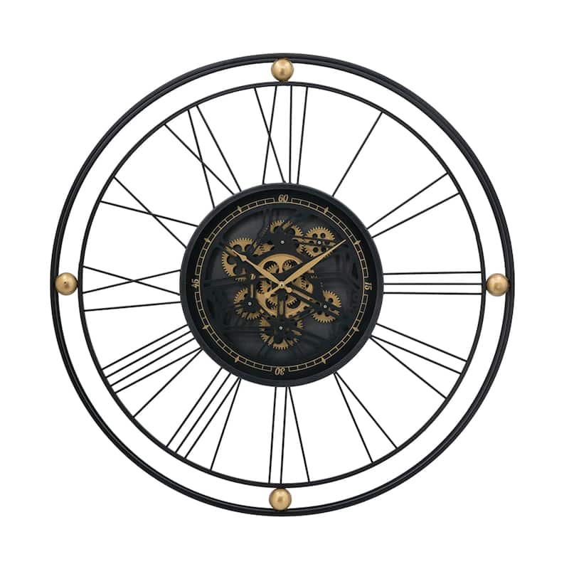 Large Roman Numerals Intertwining Gear Wall Clock 31.5" Black and Gold