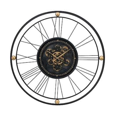 Large Roman Numerals Intertwining Gear Wall Clock 31.5" Black and Gold