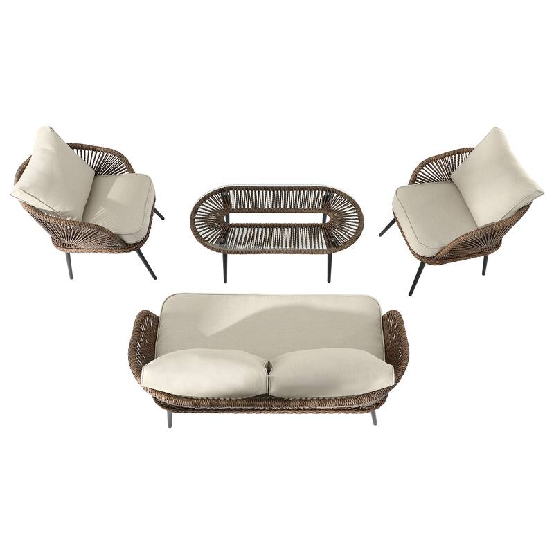 4-Person Outdoor Wicker Patio Conversation Seating Set with Coffee Table, Weather-Resistant Cushions