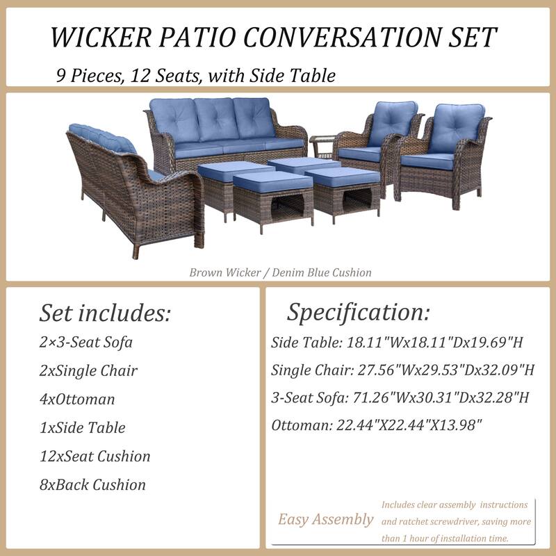 9 Piece Wicker Outdoor Patio Furniture Seating Sofa Conversation Sets
