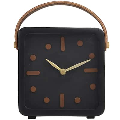 Metal Small Clock with Leather Handle and Hour Markers - Black - Roche River Decor