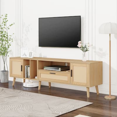 Rattan TV Stand Media Console Table for TVs up to 80", Entertainment Center with Solid Wood Legs, TV cabinet