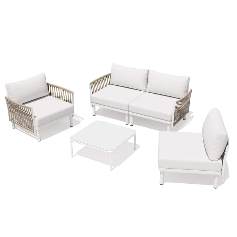 2/4/6/8-Seat Modular All-Weather Aluminum Outdoor Sectional Sofa Set with Deep Seating Patio Conversation Set - 4-seater - Beige