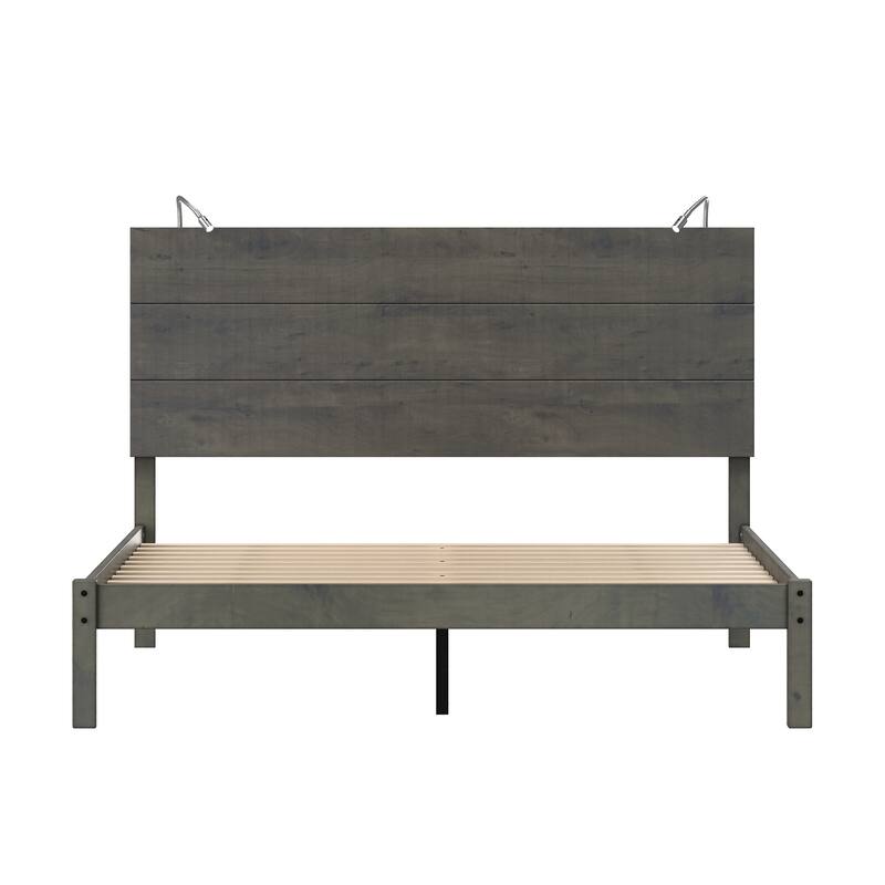 Queen Rustic Wood Platform Bed with Built-In Bedside Lights