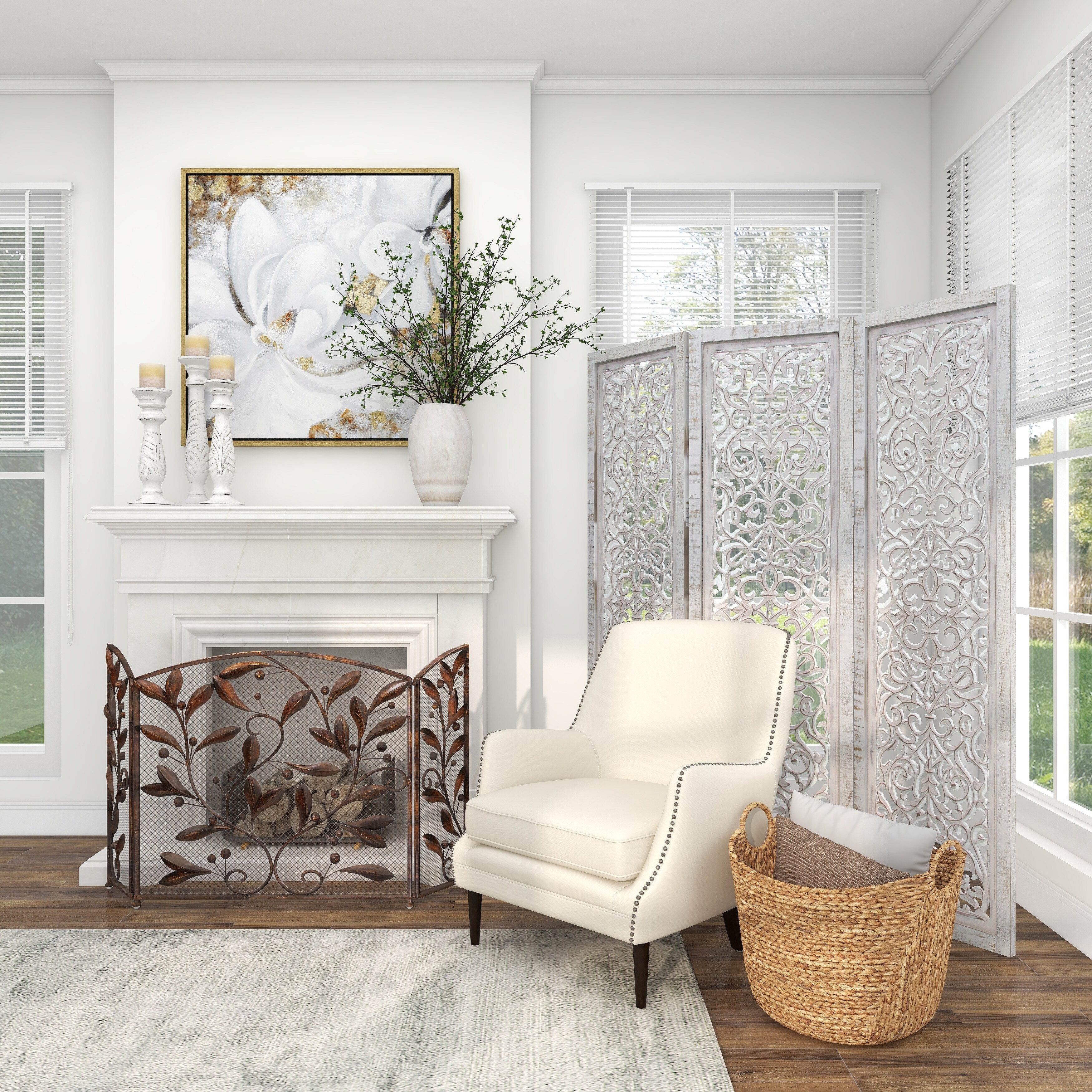 White Wooden Handmade Hinged Foldable Partition 3 Panel Floral Partition Room Divider Screen with Intricate Carved Design