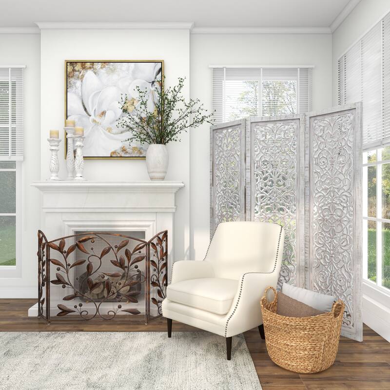Wooden Floral Handmade Hinged Foldable 3 Panel Room Divider Screen with Intricate Carved Design - White - Roche River Decor