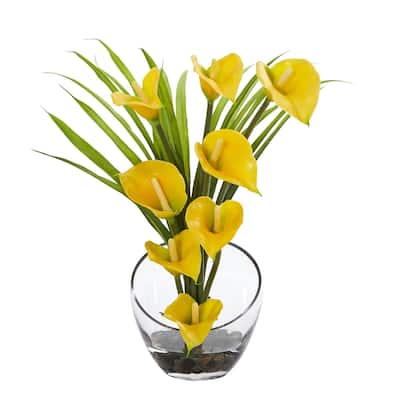 Nearly Natural 15.5" Calla Lily and Grass Artificial Arrangement in Vase - Yellow