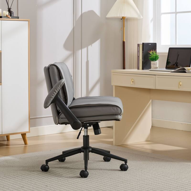 Cross Legged Office Chair on Wheels with Flip-Up Armrests Leather and Wide Seat
