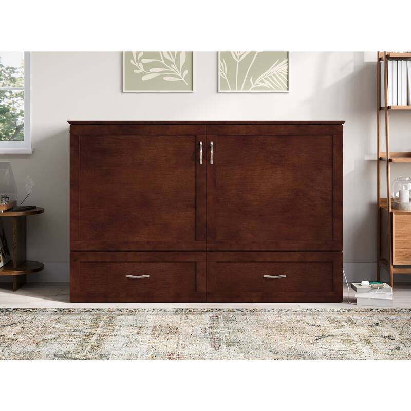 Murphy Bed Chest with Mattress - Solid Wood Bed Frame - Modern Storage Bed - Walnut Finish - Space Saving Furniture