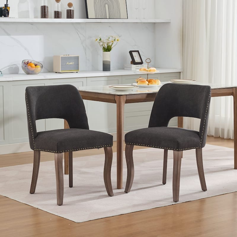 GDF Studio- Fabric Upholstered Farmhouse Dining Chair with Curved Wood Legs & Hollow-Out Back, Set of 2