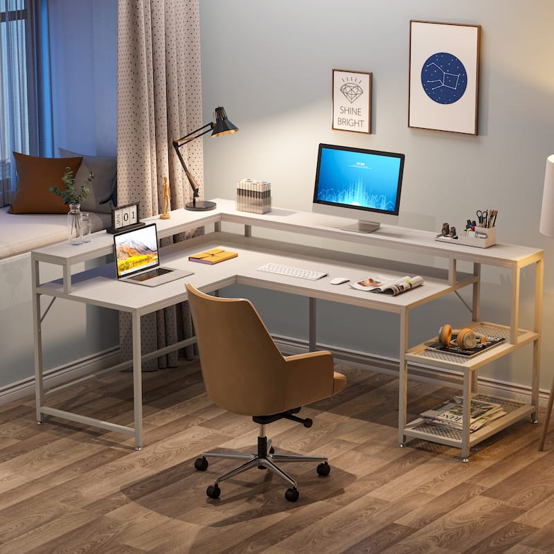 69" L Shaped Desk with Monitor Shelf, Reversible Corner Computer Desk for Office Home