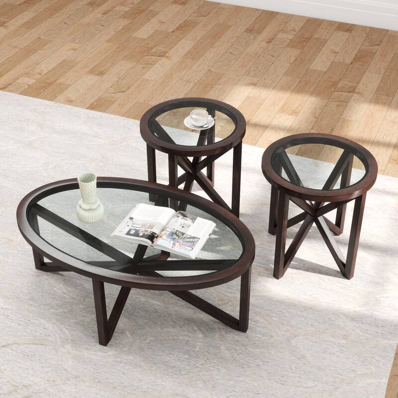 Tempered Glass Coffee Table Solid Wood Base Round Transparent Glass Top - Cherry