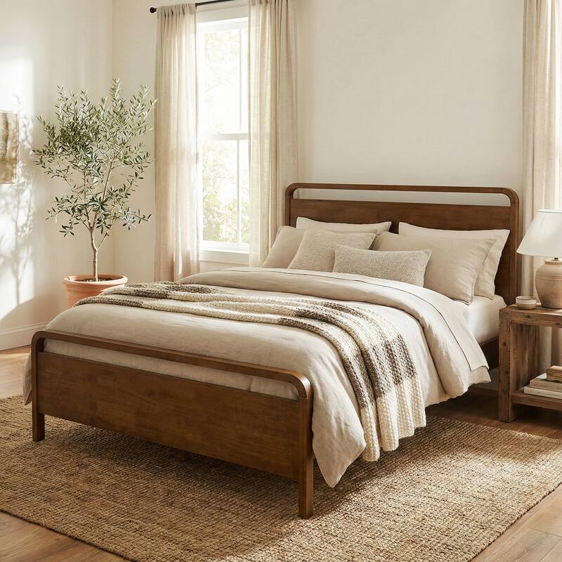 Roundhill Furniture Eldren Wood Bedroom Set, Platform Bed with Dresser, Mirror, Nightstand, Chest in Walnut Finish