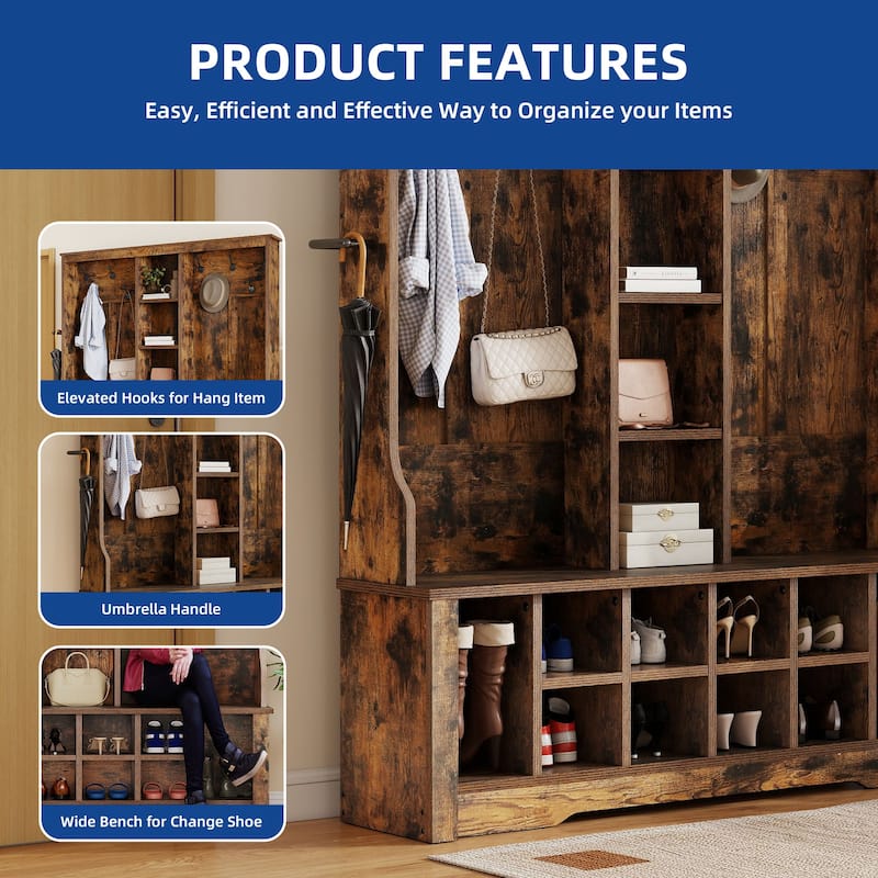 Moasis 59"/39"W Farmhouse Hall Tree Adjustable Shelf Coat Rack with Shoe Storage Bench for Entryway
