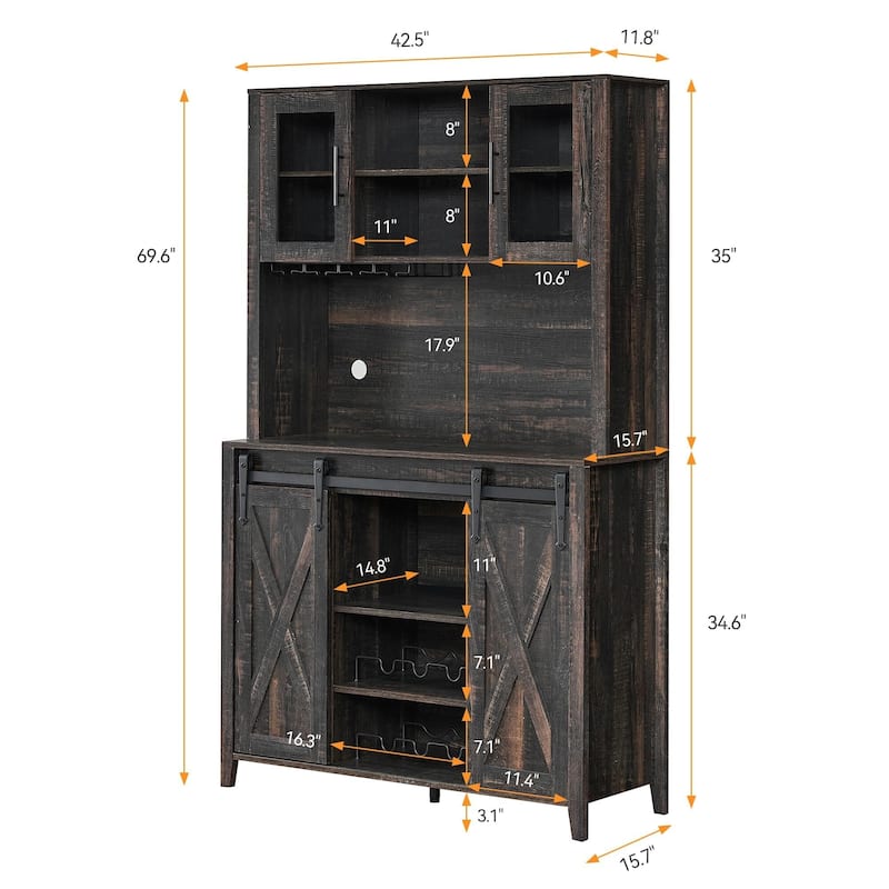 70'' Wine Bar Cabinet with Storage Hutch, Tall Coffee Bar Cabinet with Sliding Barn Doors, Bottle Glasses Rack
