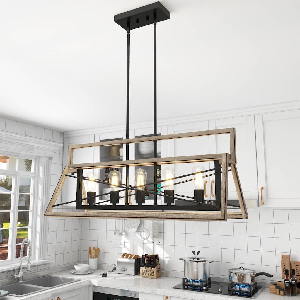 5 Light Farmhouse Linear Pendant with Wood Accents - 35.66" x 53.17" x 13"