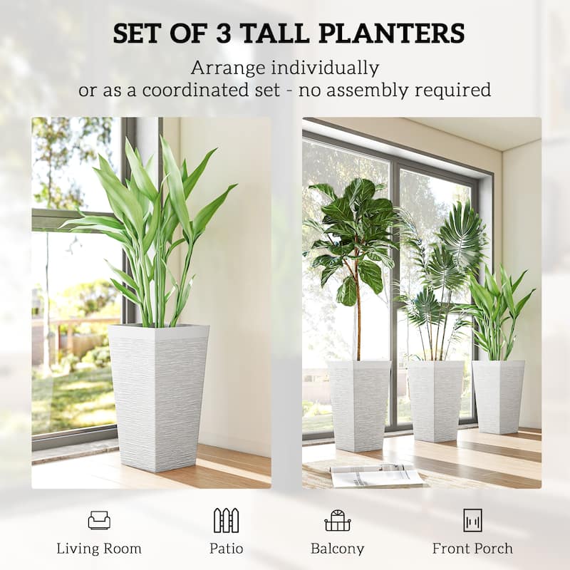 Outsunny 22.8 Inch Tall Planters for Outdoor Plants, Set of 3 Plastic Flower Pots with Stone Finish and Wheels