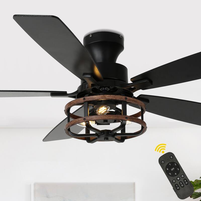 Bella Depot 52" Black Industrial Flush Mount Ceiling Fan with Light and Remote 6-speed Reversible DC Motor Low Profile Fan