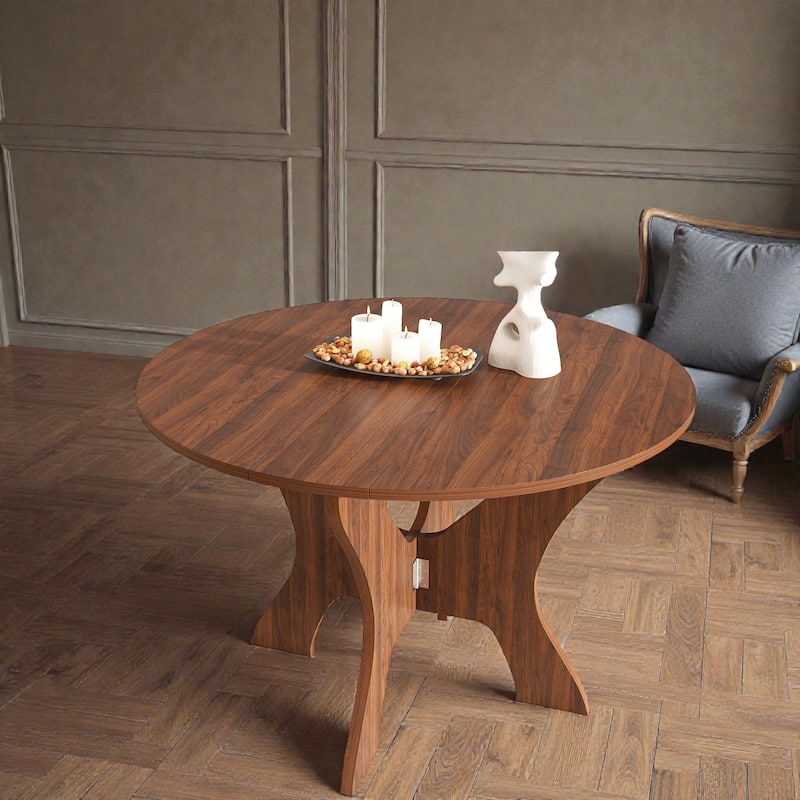 43 Inch Folding Dining Table for Small Spaces, Round MDF Veneer Foldable Kitchen Table with Slim Storage Design - Walnut
