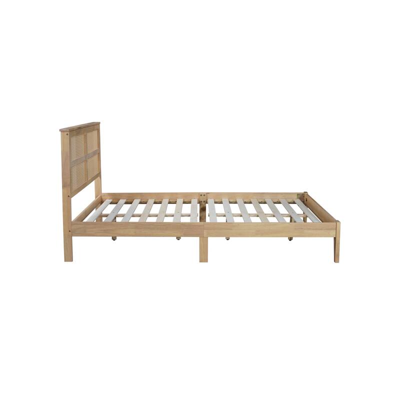 Roomfitters Queen Solid Rubber Wood Bed Frame with Rattan Headboard, Reinforced Support Feet Platform Design, White