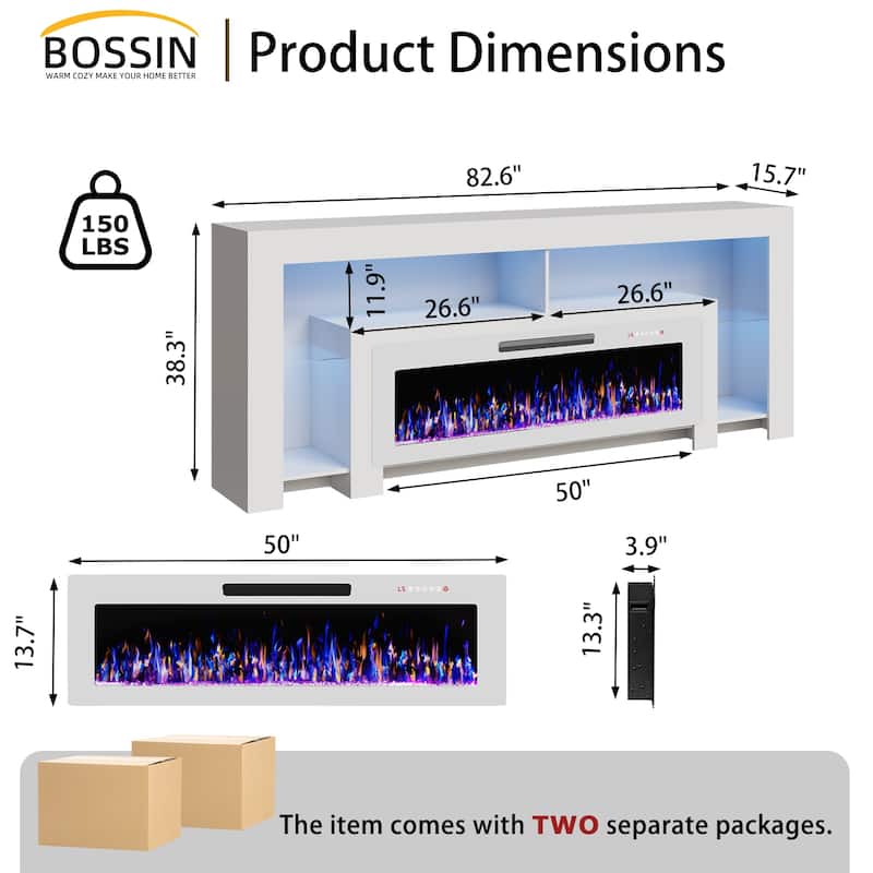 BOSSIN 82" Electric Fireplace TV Stand Entertainment Center, High Gloss with LED Lights, Holds TVs Up to 90 Inches, White