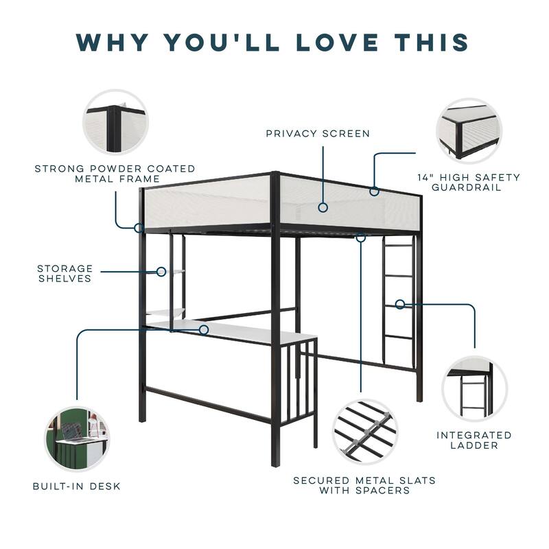 Full Loft Bed with Desk and Shelves for Kids and Teens, Space-Saving Design with Study Area and Storage